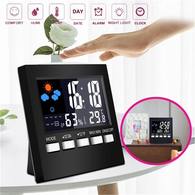 

Multifunction Digital Colorful LCD Screen Weather Station Alarm Clock Thermometer Hygrometer Humidity Tester Clock Snooze Clock
