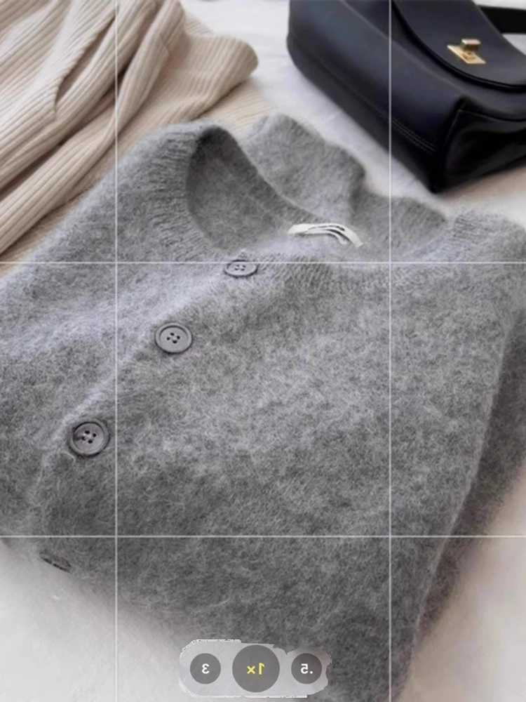 Высококачественный серый мягкий клейкий бархатный вязаный кардиган из