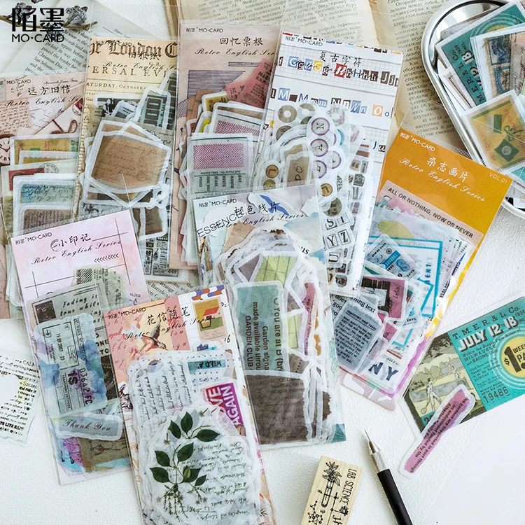 

JIANWU 60 Pcs Oversized Washi Paper Vintage Sticker Pack Retro English Journal Decoration DIY Scrapbooking Stickers Stationery
