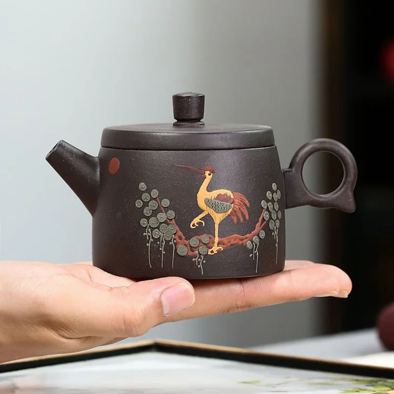 

170ML Real Handmade Yixing Black Gold Sand Teapot Clay Kettle Crane Pattern Meaning Health Longevity Puer Kung Fu Tea Pot