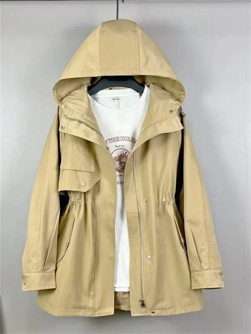 

Hooded Windbreaker Women Mid Length 2023 Spring Autumn New Female Korean Version Loose Small Man Drawstring Waist Wrap Coat Tide