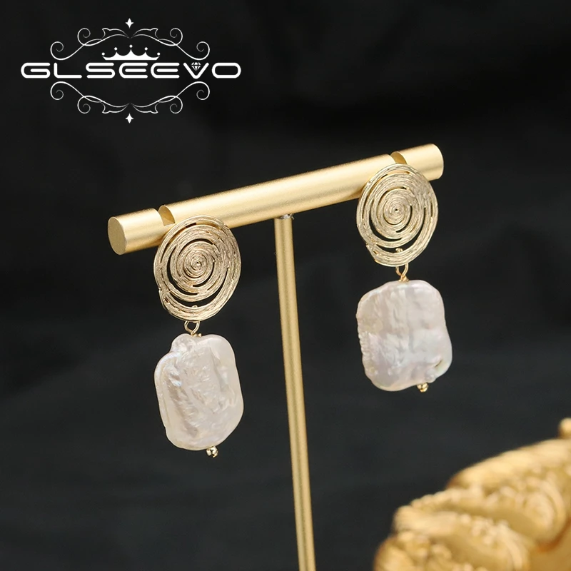 

GLSEEVO Original Design 2023 Lollipop Circle Stud Eardrop Handing White Square Baroque Pearl Earrings for Woman Jewelry