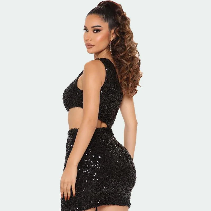 Women Sexy Sequin Mini Dress One Shoulder Sleeveless Fashion Hollow Out Party Club Dress Bodycon Homecoming Cocktail Dresses