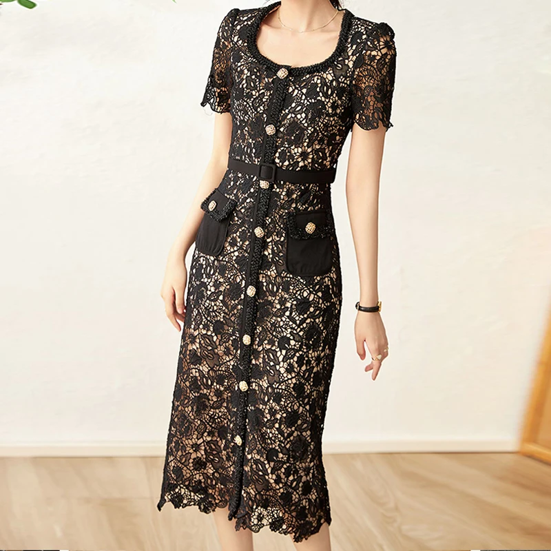 

Роскошное черное кружевное женское платье с поясом и золотыми пуговицами, женское платье с вырезами и карманами, элегантная одежда, облегающее уличное платье