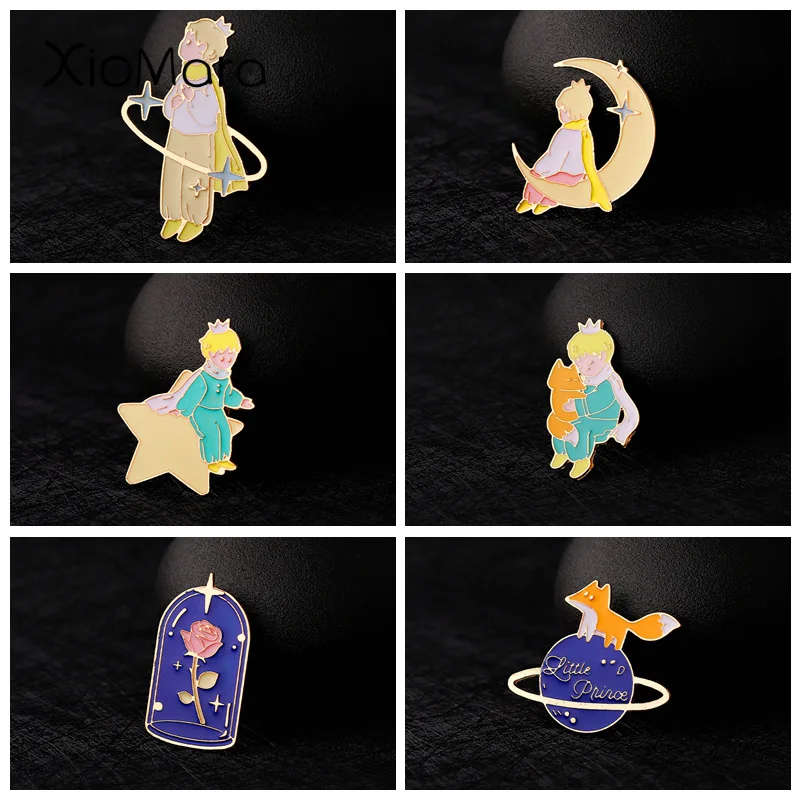 Fairy Tale Rose Prince Enamel Pin Custom Star Moon Fox Sweet Cute Planet Brooches Lapel Badges Cartoon Jewelry Gift For Kid Girl