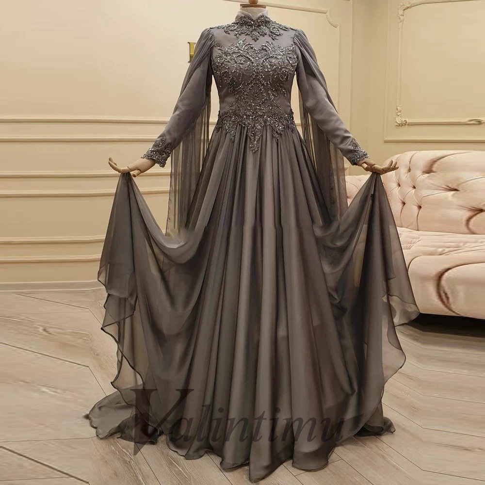

Gray Dubai Beading Crystals Chiffon Long Cap Evening Gowns For Women A-Line High Made To Order Robe De Ball Stretch Formal Prom