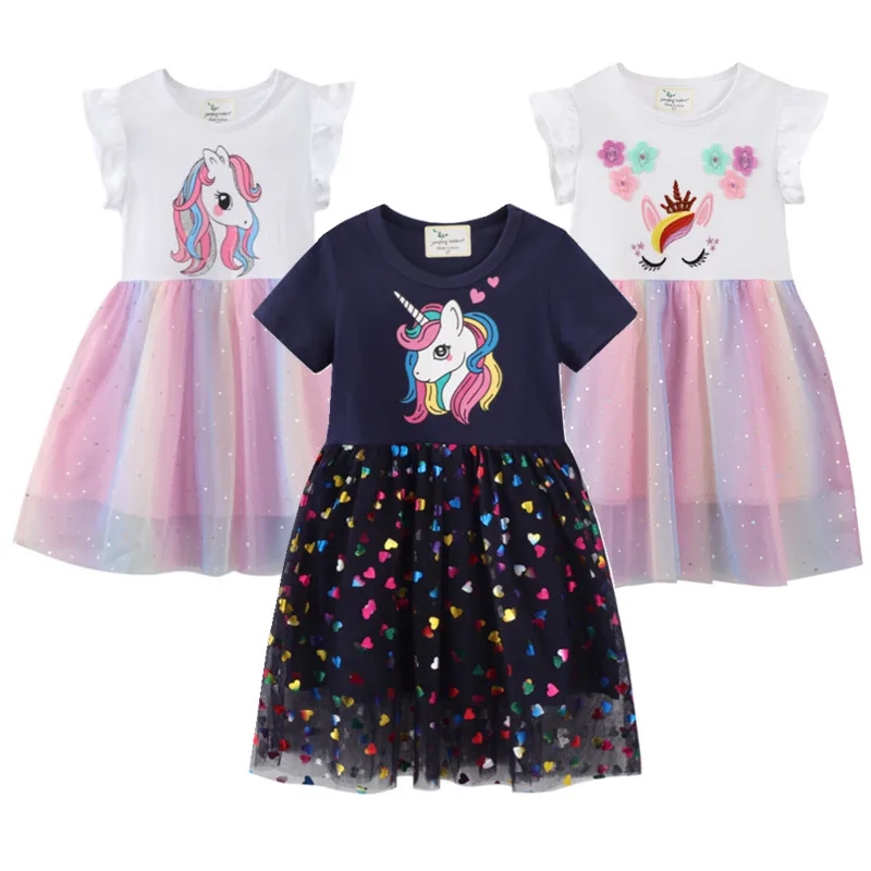 

Summer Cotton Girls Dress Short Sleeve Kids Dress For Girls Unicorn Tulle Children Party Dress