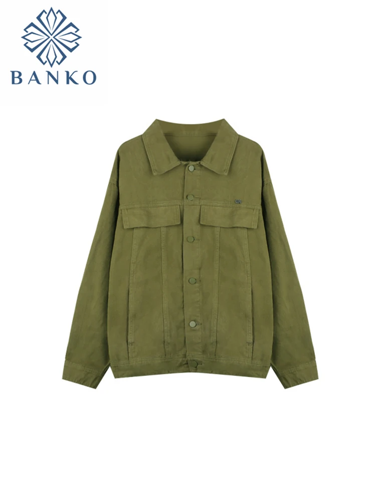 

Retro Green Color Women Lapel Simple Denim Jacket Baggy Long Sleeve Coat Single Breasted Design Lady Outer 2022 Autumn BF Style