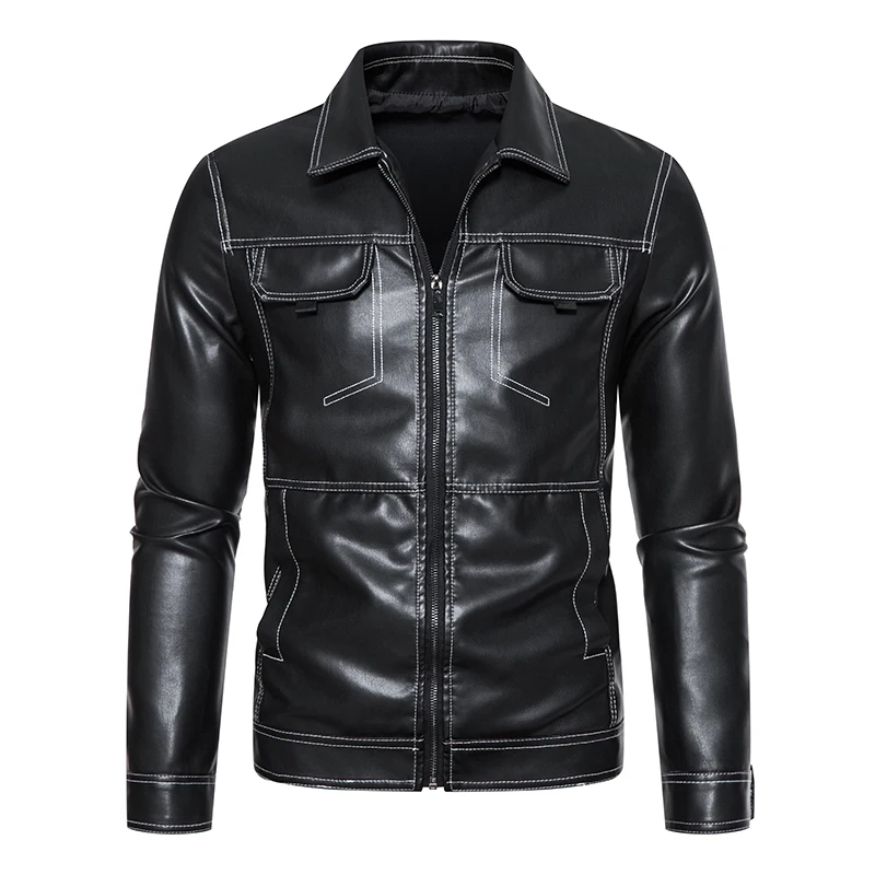 

Men's Topstitch Lapel Top Casual Retro Motorcycle PU Leather Jacket