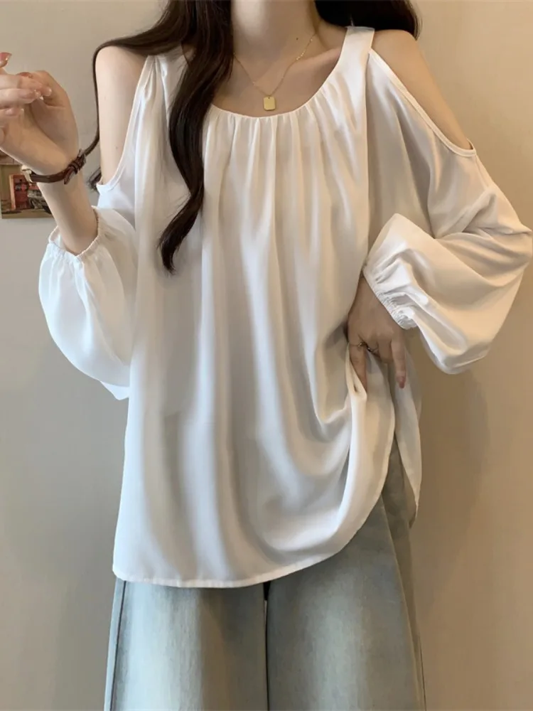 Женская летняя рубашка с открытыми плечами открытой шеей и пышными рукавами