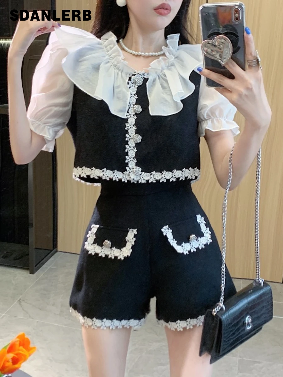 

Light Luxury Lace Contrast-Color Ruffled Short Top Goddess Temperament Short Sleeve Shirt High Waist Shorts Fashion Outfits Suit