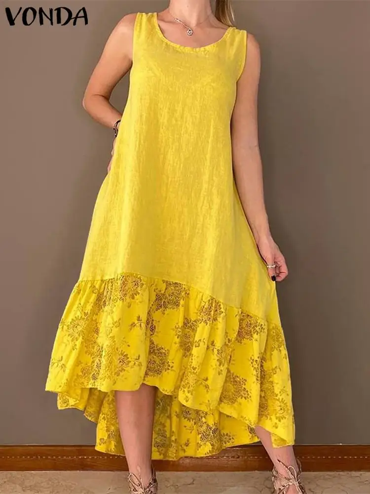 

Летний кружевной лоскутный сарафан VONDA 2022, модное женское винтажное длинное платье-рубашка без рукавов, богемное праздничное платье, платье