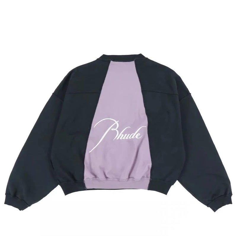 

2022 Rhude Cut Stitching Logo Embroidery Vintage Crew Neck Pullover Black S-XL