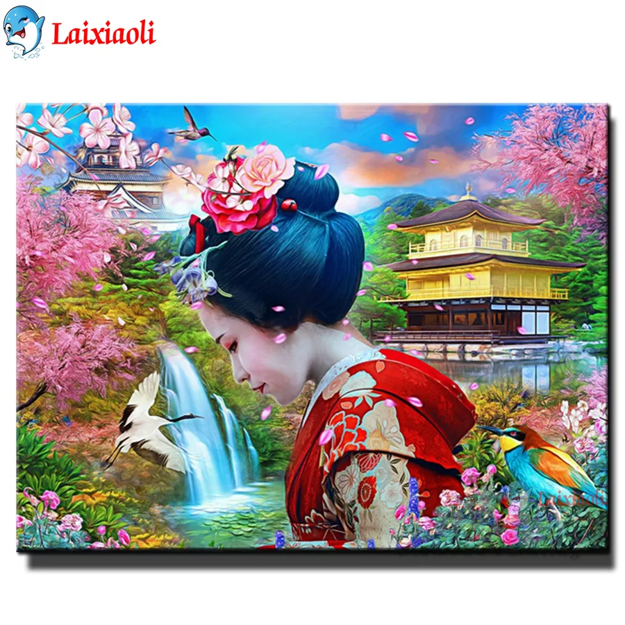 

Японская алмазная живопись гейши, полноформатная Алмазная вышивка «Гора Фудзи» стразы, Сакура, пейзаж, мозаика