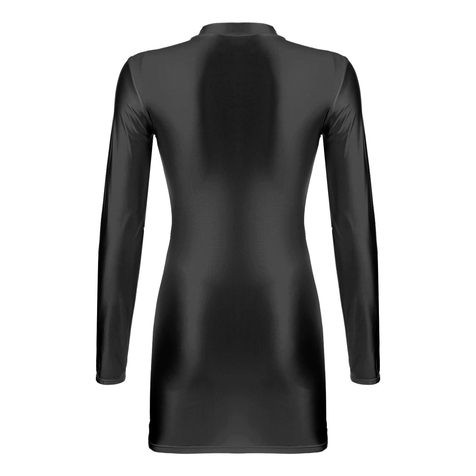 Womens Glossy Bodycon Dress Long Sleeve Mini Pencil Dress Nightwear Smooth Stretchy Mock Neck Tight Dresses Clubwear Costume images - 6