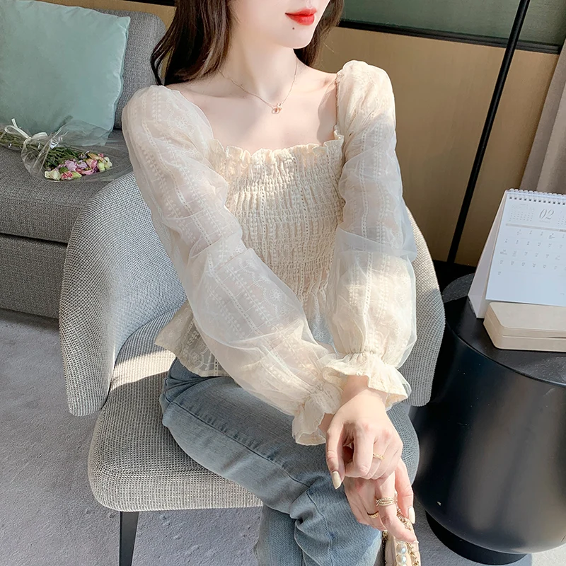 

Summer Women's Long Sleeve Square Neck Pleated Embroidery Shirt Slim Fit Long Sleeve Top Blouse Women Blusa Mujer Camisas C493