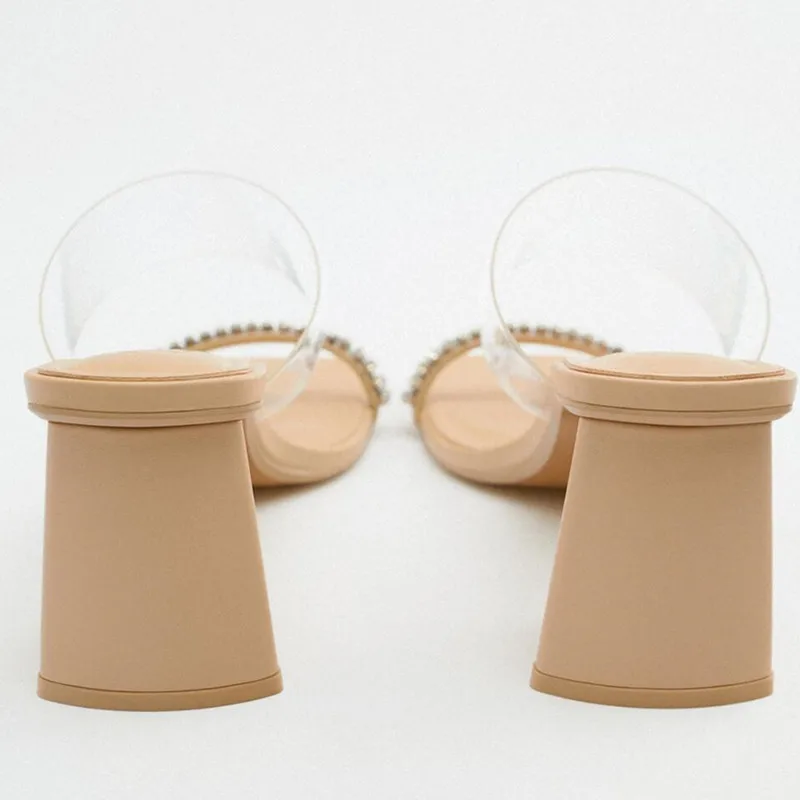 TRAF Summer High Heels Women Rhinestone Heeled Heels Woman Pumps Open Toe Transparent One Chunky Heel Sandals Lady Shoes