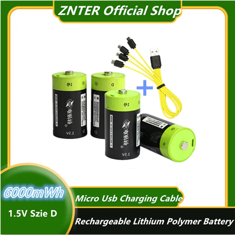 ZNTER 1.5V 6000mWh Rechargeable Battery Micro USB Battery D Lipo LR20 Lithium Polymer Battery Fast Charging Via Micro USB Cable