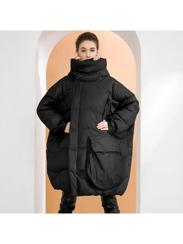 High-End Thicked Black Long Loose 90 White Duck Down Coats Women's Hooded Warmer Bread Clothing Korean Version Jackets