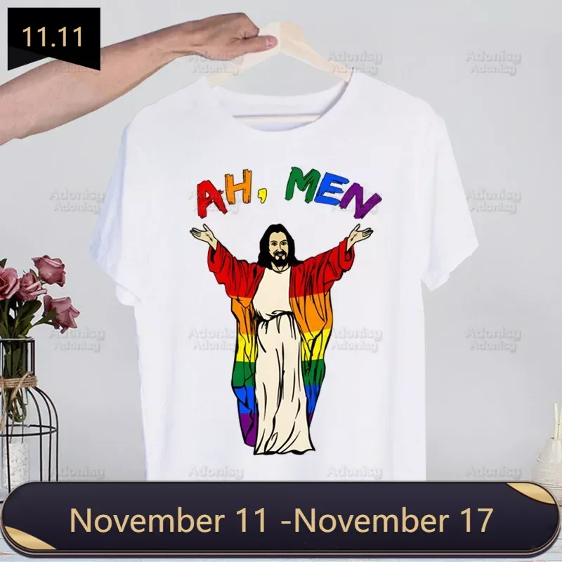 

Jesus Funny LGBT Rainbow Pride T Shirts O-Neck Short Sleeve Regular Mens Height Quality Lesbians Gay Bisexuals Tee Shirt