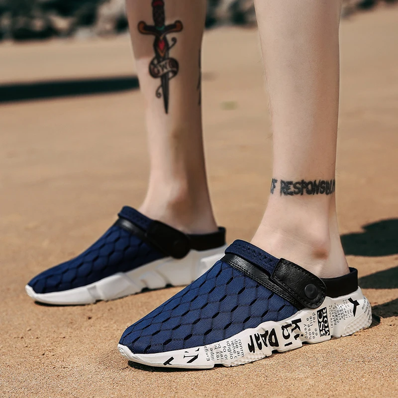 Summer Mens Mesh Sandals Breathable Slippers Lightweight Half Flip Flop Male Fashion Slip-on Outdoor Hole Sandals Beach Shoes