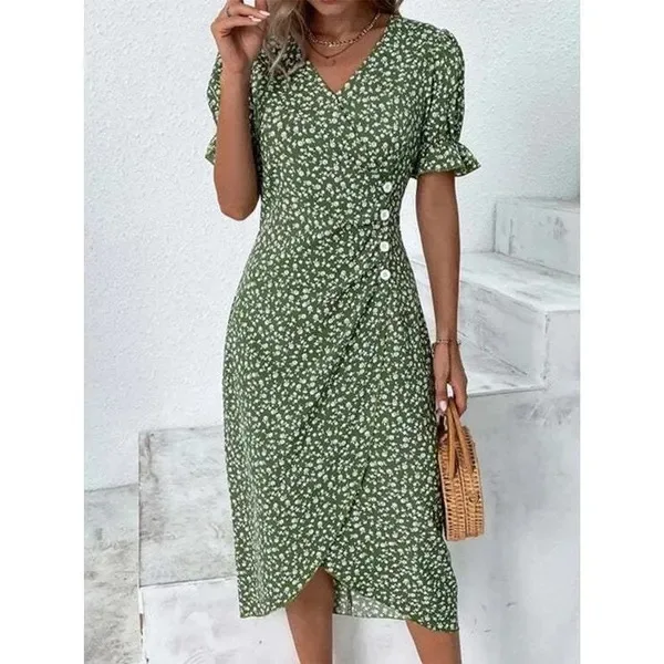 

Women's Polka Dot Printed Dress Summer Comfortable Casual V-neck Short Sleeved Single Breasted Temperament Printed Women's Dress