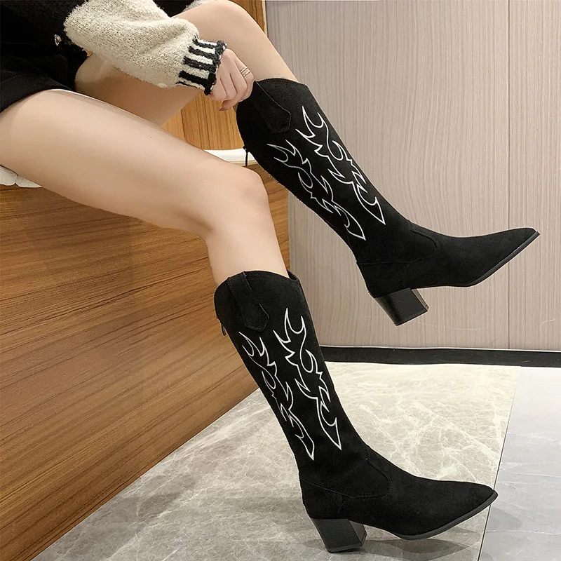 Western Cowboy Boots Women Mid-Calf Square Heels Booties Ladies Runway Fashion Embroidery Flock Shoes Woman Pointed Botas Mujer