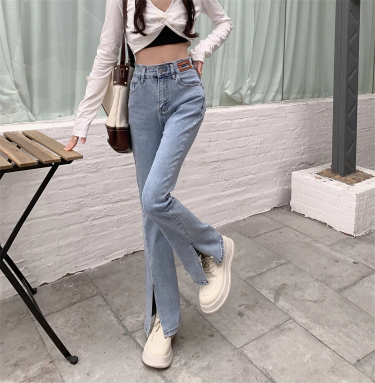 

N6664 Slit jeans new high waist slim micro flared pants small mopping pants jeans