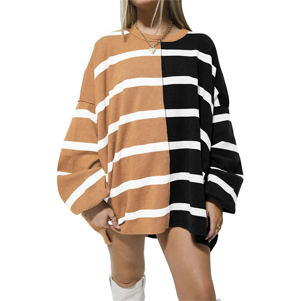 

Модные пуловеры в европейско-американском стиле для женщин/девушек с круглым вырезом Полосатый комбинированный свободный свитер с длинным рукавом
