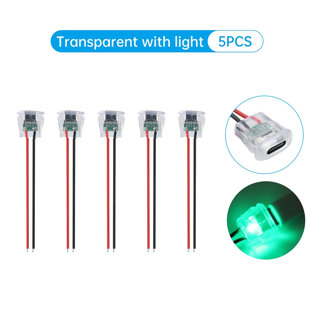 

5 шт. водонепроницаемый гнездовой разъем TYPE-C, 2-контактный разъем USB типа C, входная розетка для зарядки со светодиодной подсветкой