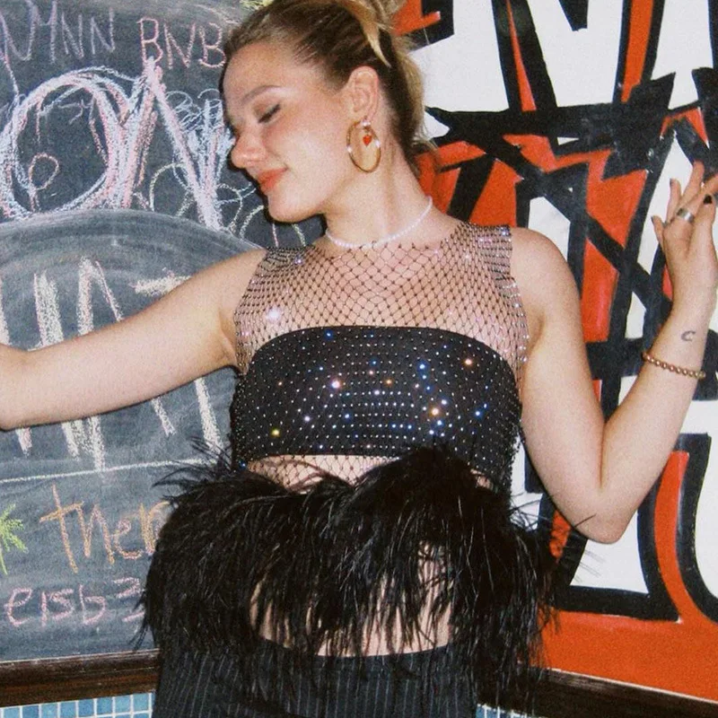 

Combhasaki Women's Fishnet Tank Tops Glitter Shiny Rhinestone Sleeveless Feather Trim Patchwork See-Through Cropped Tops