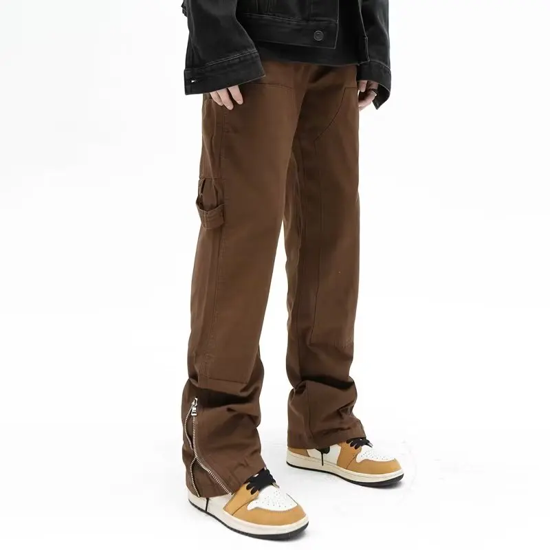 2023 High Street Ankle Zipper Vintage Brown Hip Hop Men Cargo Jeans Pants Y2K Clothes Straight Baggy Long Trousers Ropa Hombre