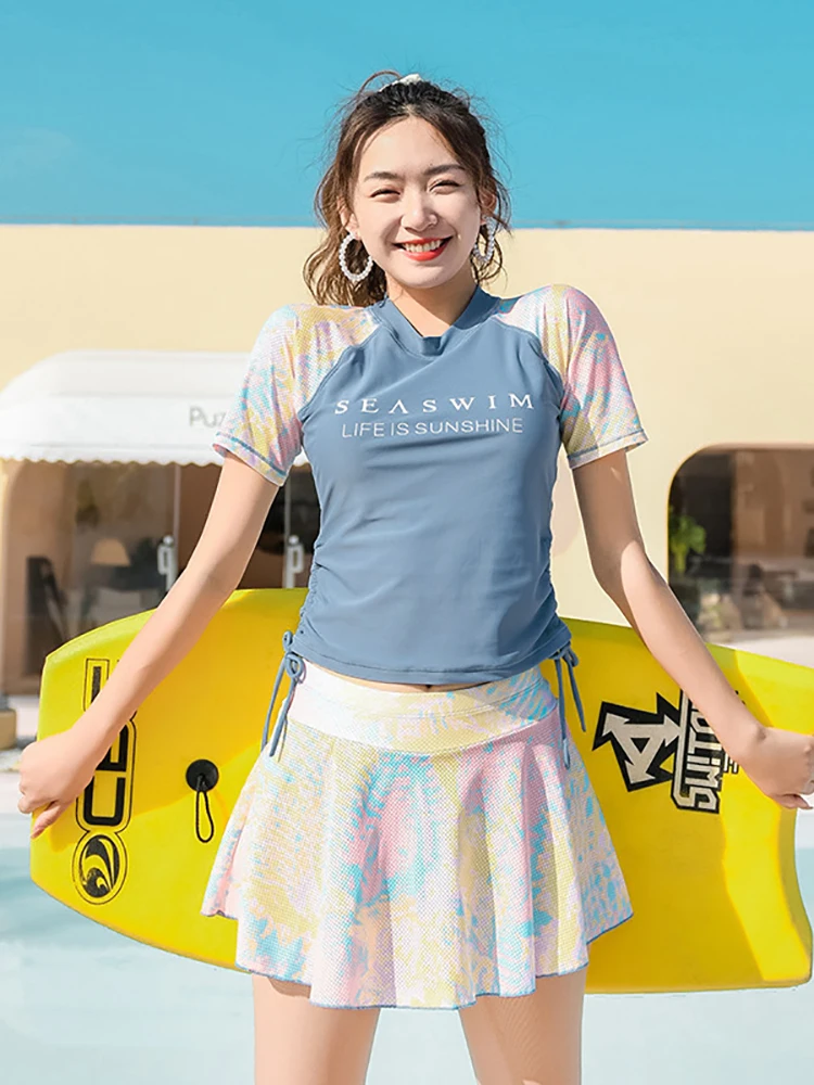 New Sports Split Swimwear Ladies Korea Conservative Slim Swimsuit Women Black Long Sleeve Cover Belly Korean |