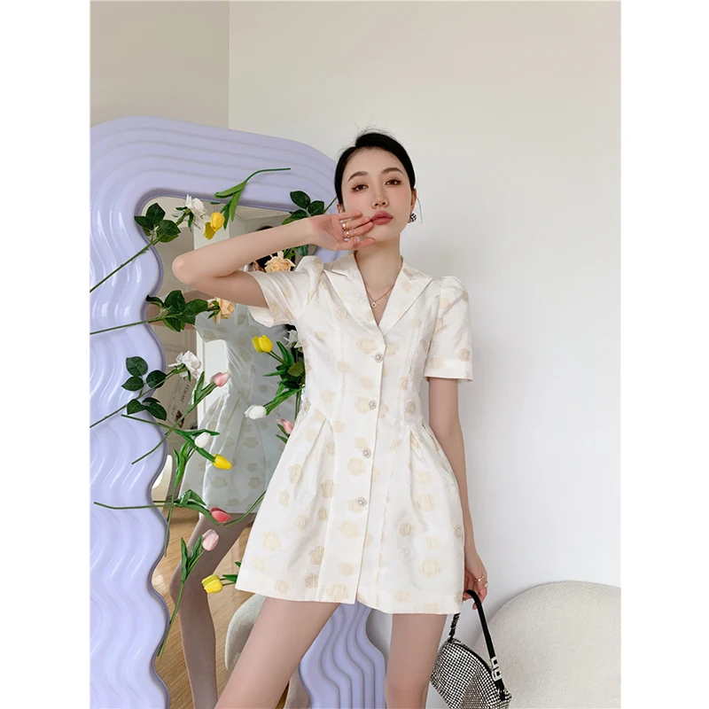 

Women's Clothing White Dress French Belt Suit Collar Puff Short Sleeve High Waist Casual Fashion Baggy Short Skirt Ladies Summer
