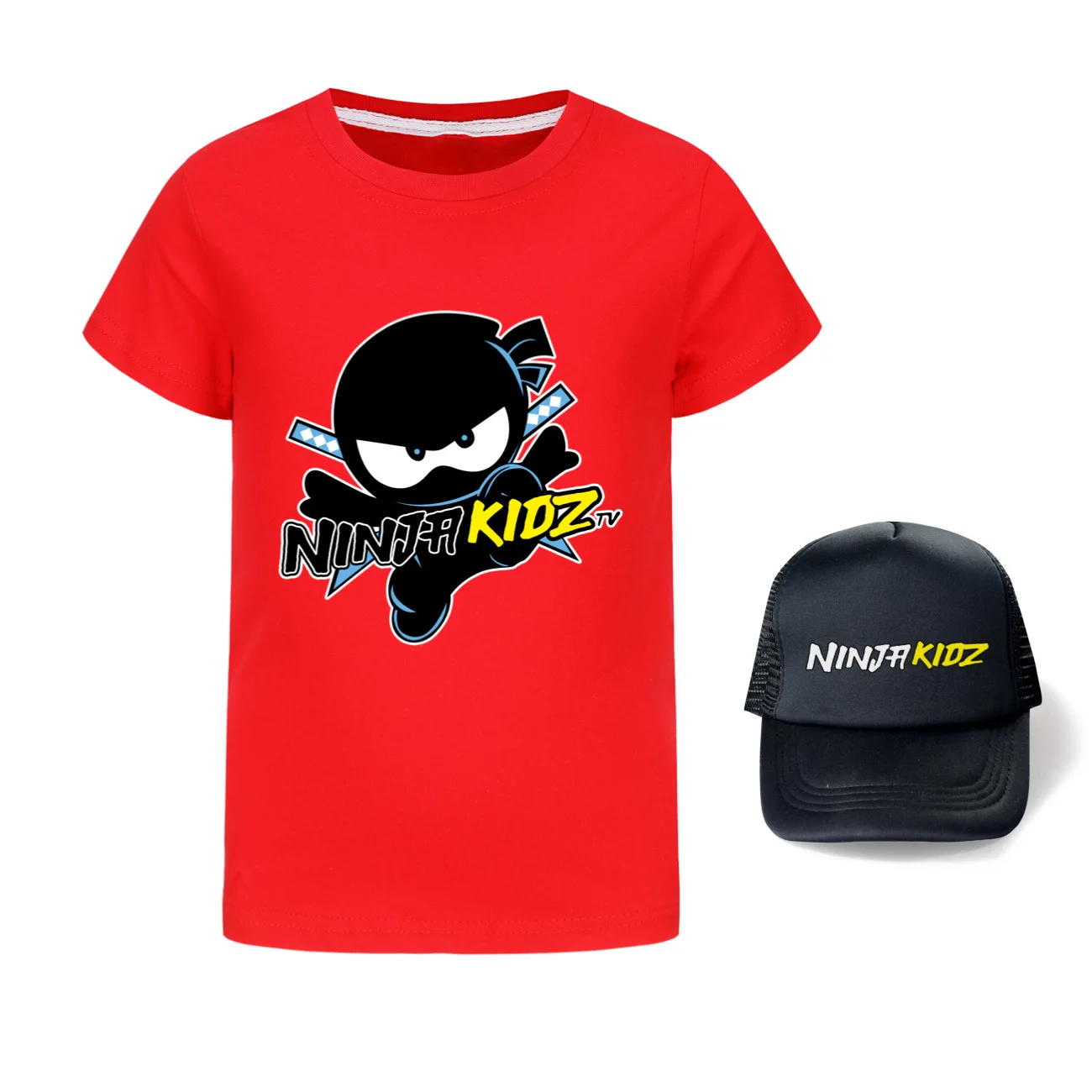 Фото Детская футболка NINJA KIDZ, хлопковая летняя детская футболка с короткими рукавами и короткими рукавами с героями мультфильмов, комплект шляпы для мальчиков, модная милая футболка в стиле аниме №1