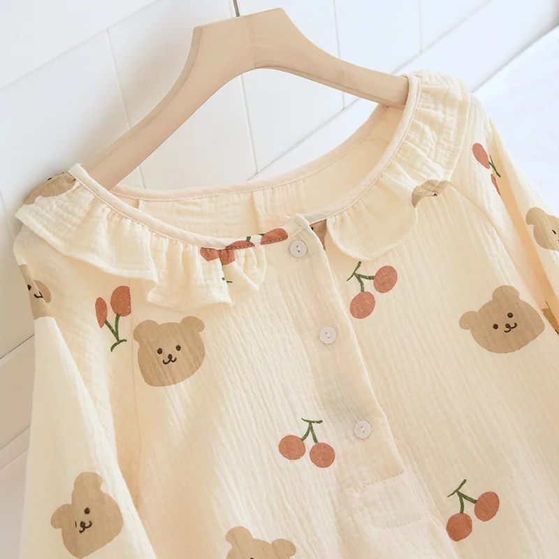 Girl Nightwear Women Pajamas Half Cardigan Over Knee Long Sleeve Cotton Crepe Sleepdress Four Seasons Thin Loose Midi Nightshirt