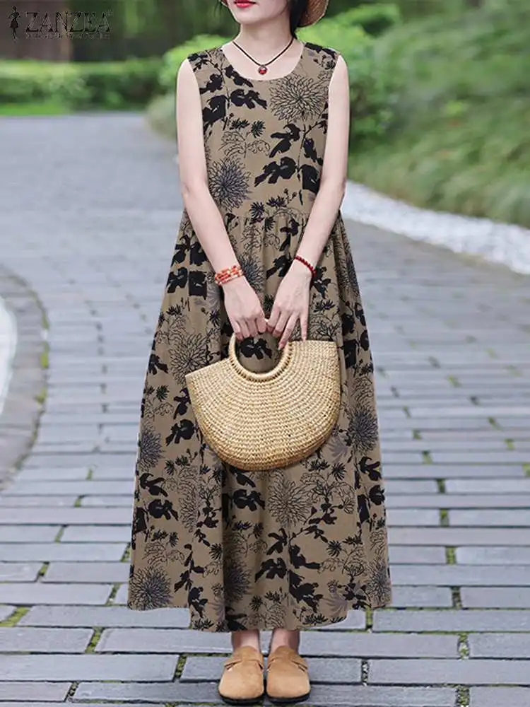 

Богемное платье-макси для отдыха, женское винтажное длинное платье ZANZEA, летний сарафан с принтом, повседневное быстрое платье, платье большого размера
