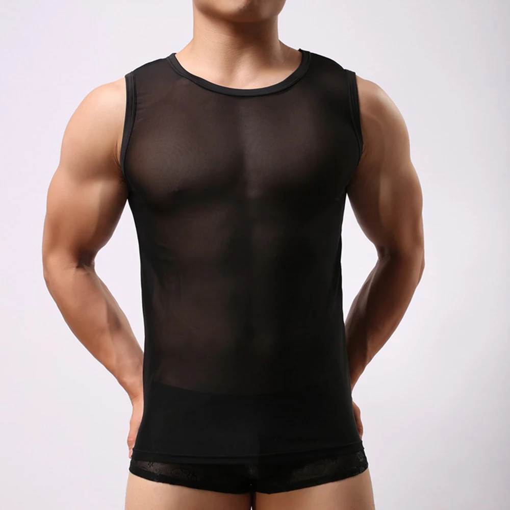 

Men Undershirts Sexy Transparent Musle Tank Tops Elastic Vest Man Sleeveless Tops Sheer Fitness T-Shirt Clubwear Singlet