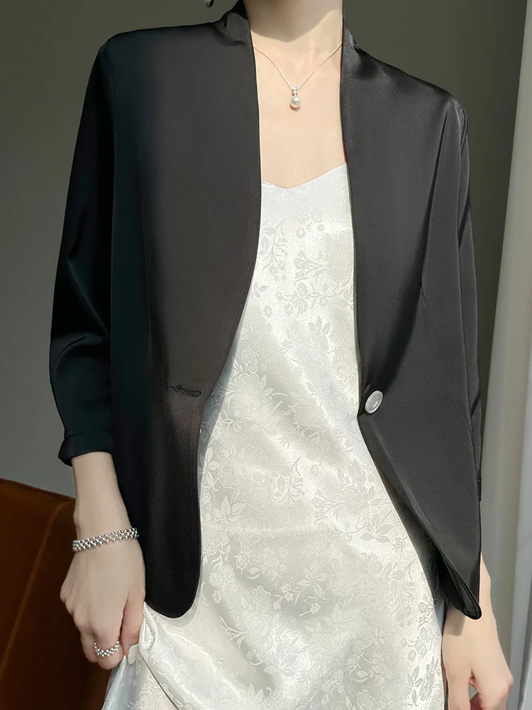 Acetate Satin Small Suit Jacket Women's Senior Sense Goddess Fan Seven-Quarter Sleeve 2023 Spring/Summer Design Sense Light Top