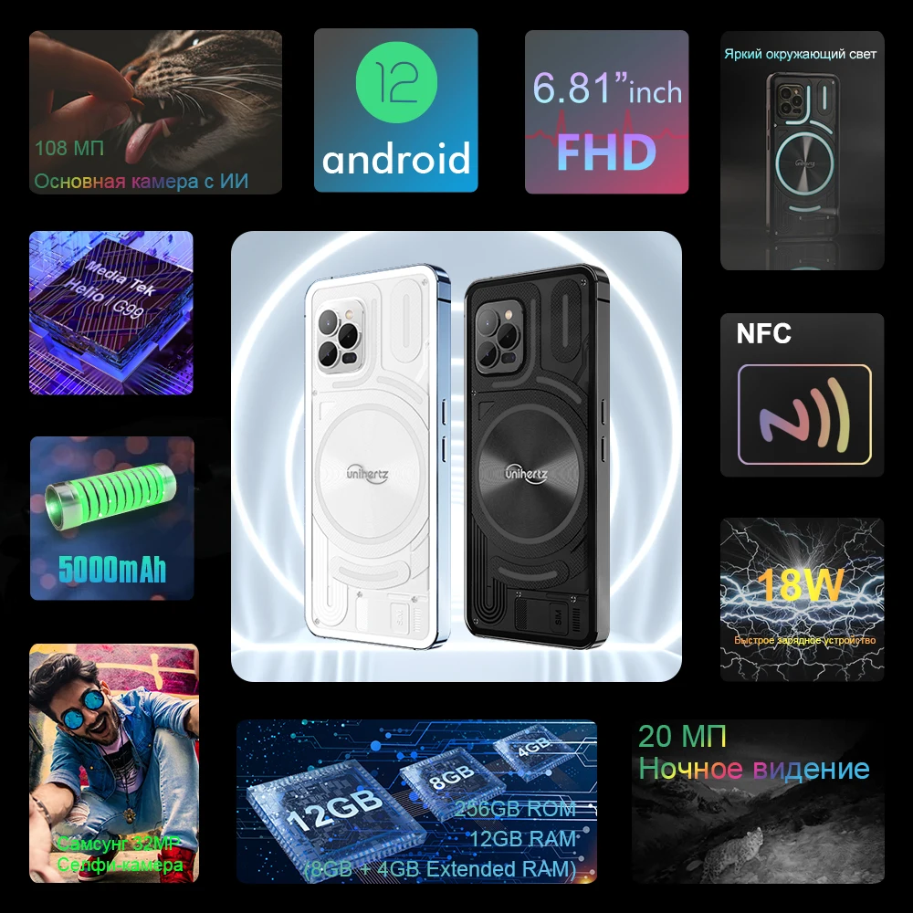 Фото Unihertz Luna Rhythm Ambient Light 8 RAM + 256 ГБ ROM 108MP Основная Kамера Мобильный Tелефон 20MP Night Vision процессор G99 №2