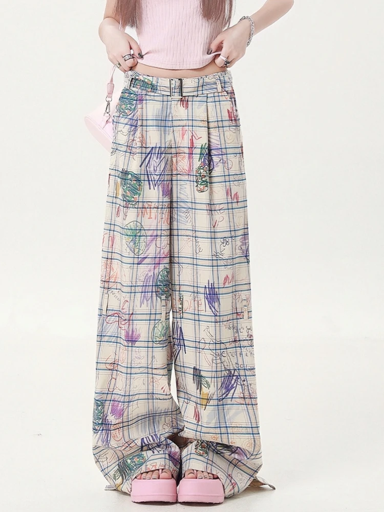 

Deeptown Y2k Vintage Graffiti Plaid Pants Women Korean Style Oversize Checkered Trousers Harajuku Kpop Wide Leg Baggy Pantalons