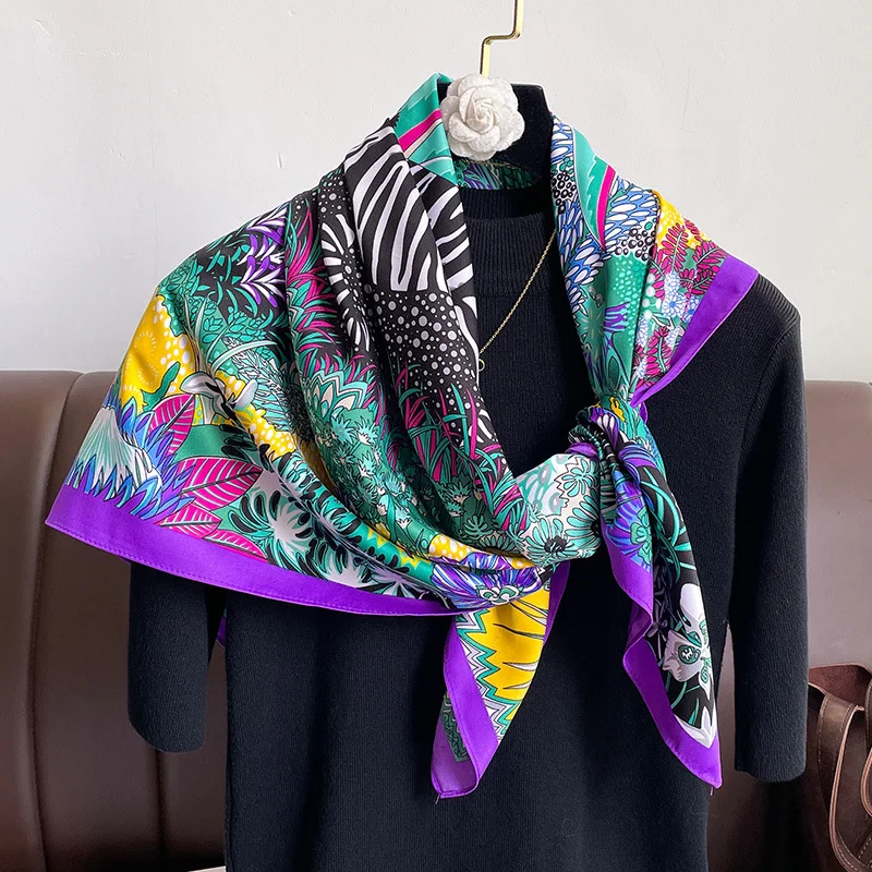 Женский саржевый квадратный шелковый шарф дизайнерские палантины с цветочным