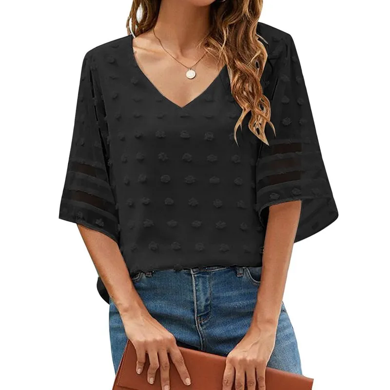 

Женская летняя повседневная футболка, однотонный Свободный пуловер с V-образным вырезом и коротким рукавом, шифоновая блузка, топы, модные р...