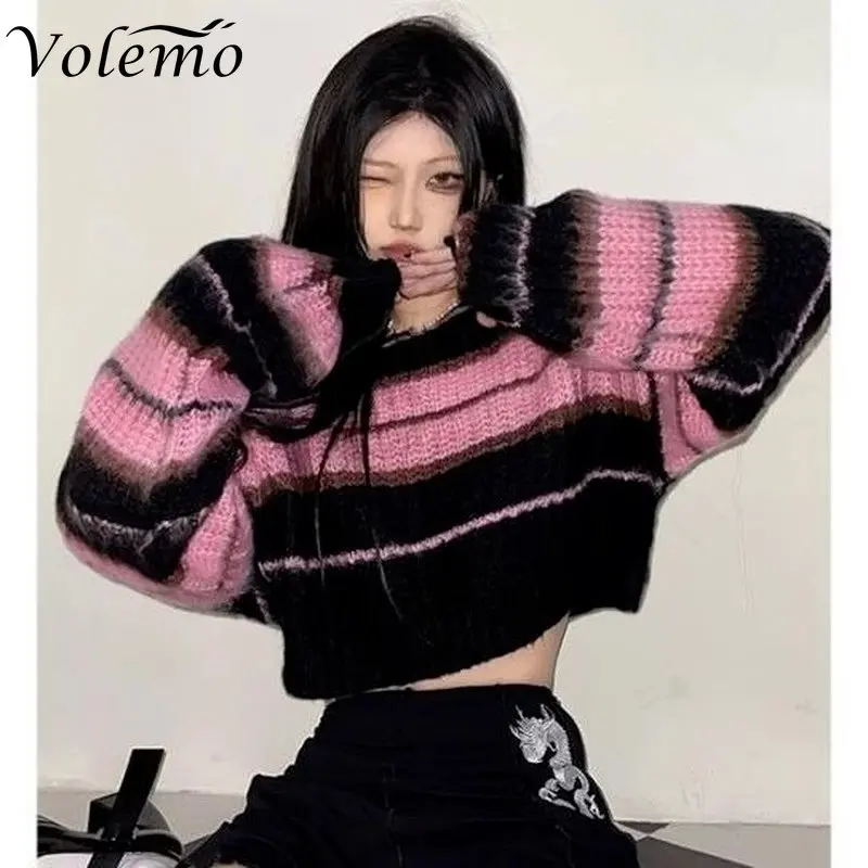 

2022 Women Striped Jumper Vintage Female Y2K Korean Style Pink Cropped Sweater Autumn Long Sleeve Crewneck Pullovers Gothic Tops