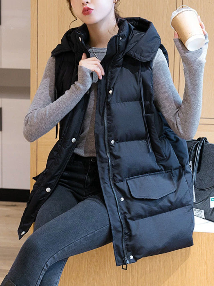 

Женский Длинный жилет, Зимняя Толстая теплая парка без рукавов, безразмерная безрукавка с капюшоном, повседневная женская верхняя одежда с подкладкой, 2023