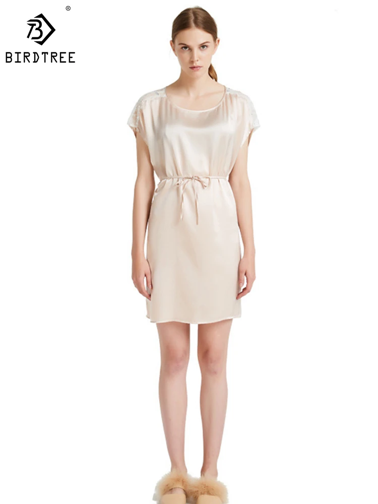 

Birdtree 19 мм 100% шелк тутового шелкопряда ночная рубашка Женская Осенняя Новая Сексуальная кружевная Удобная дышащая Домашняя одежда P39601QD