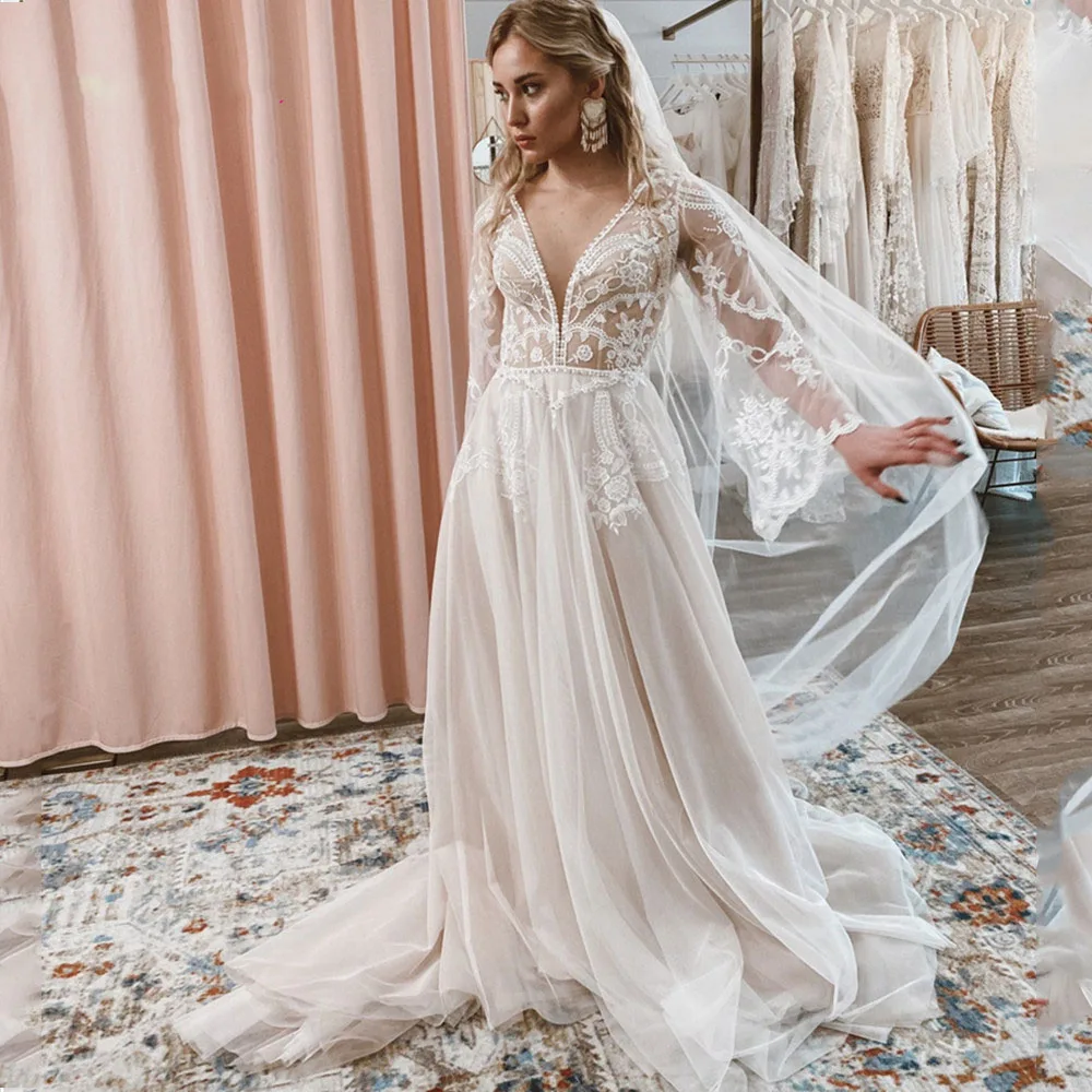 

Long Sleeve A-Line Wedding Dress 2022 Open Back V-Neck Bohemian Lace Applique Bridal Gowns Dresses Civil For Women Country