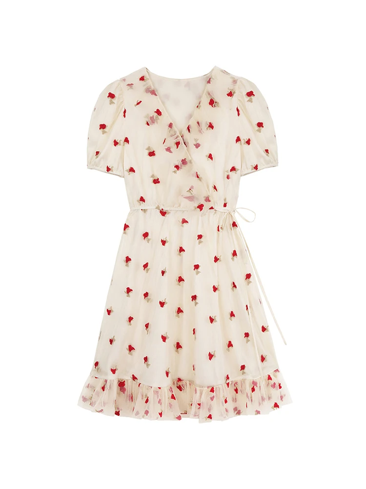 

2022 Dress Women Deep V Puff Sleeve Sweet Voile Mesh Embroidery French Party Dresses Vestidos Elegantes Para Mujer