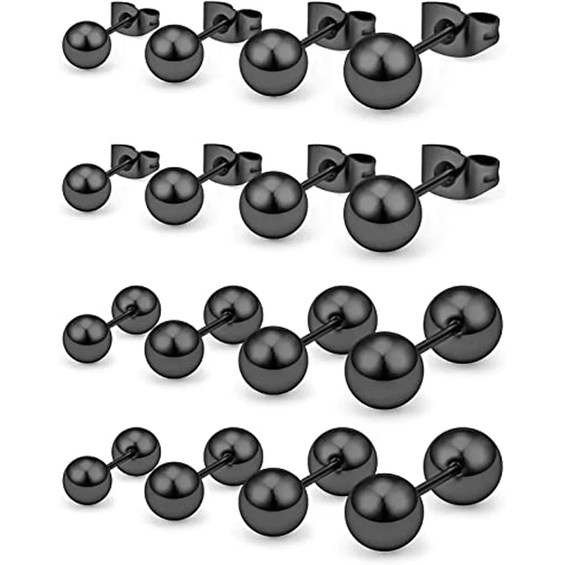 

8 Pairs Stud Earrings Steel Round Ball Set EarLobe Forward Helix Tragus Piercing Jewelry Ball Studs Mix Sizes 6-8MM Black
