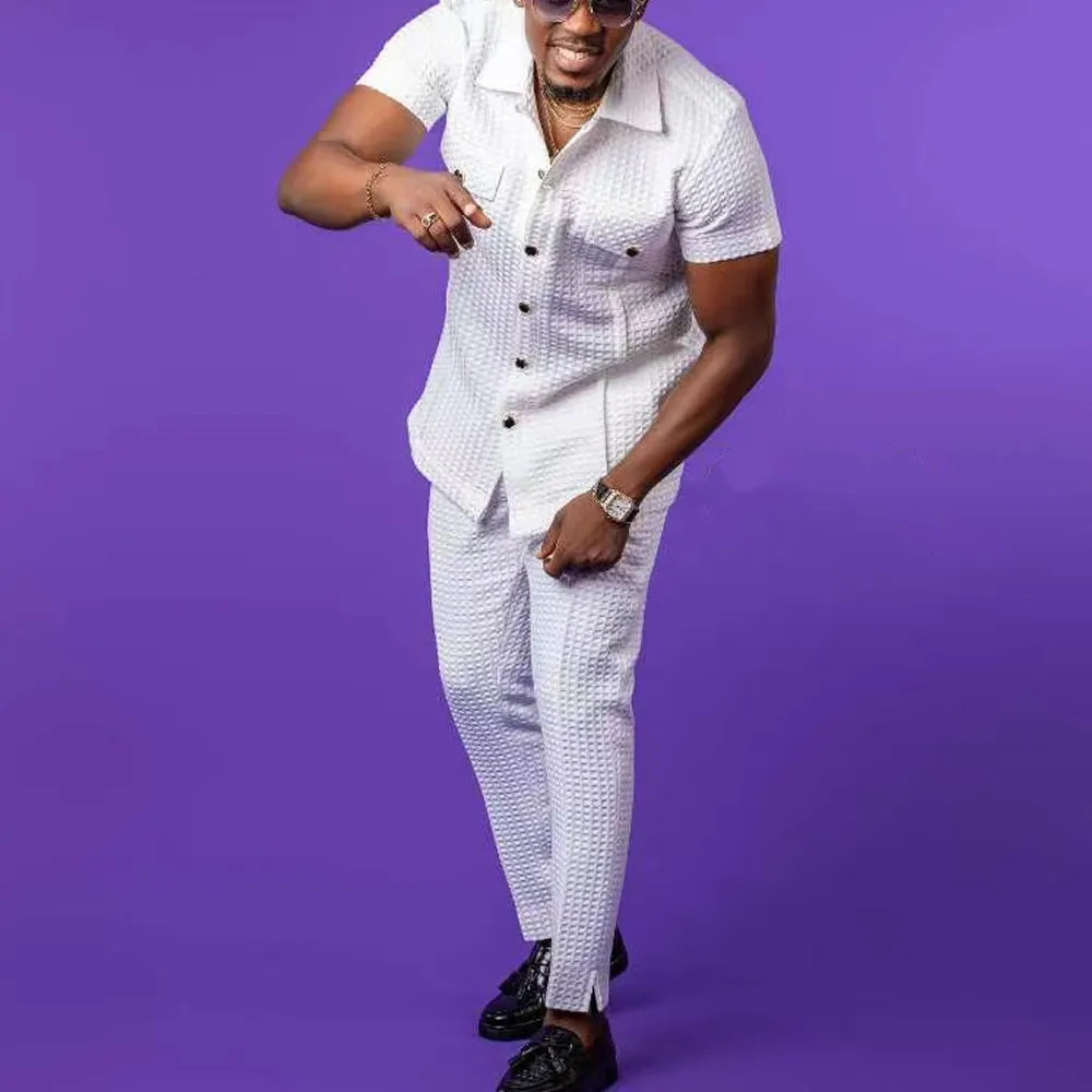 Kaftan Men Tracksuit 2pcs Setwaffle Pocket Button Short-sleeved Top Trousers African Ethnic Man Suit Wedding Clothing Outfits